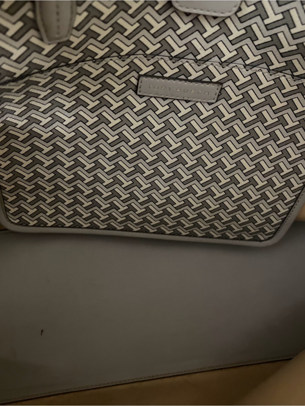 Tory Burch Gray and Cream Center-Stripe Tote - Picture 3 of 9